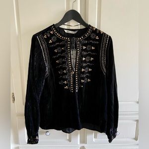 Embellished Boho Velvet Zara Blouse - black and gold NWT
